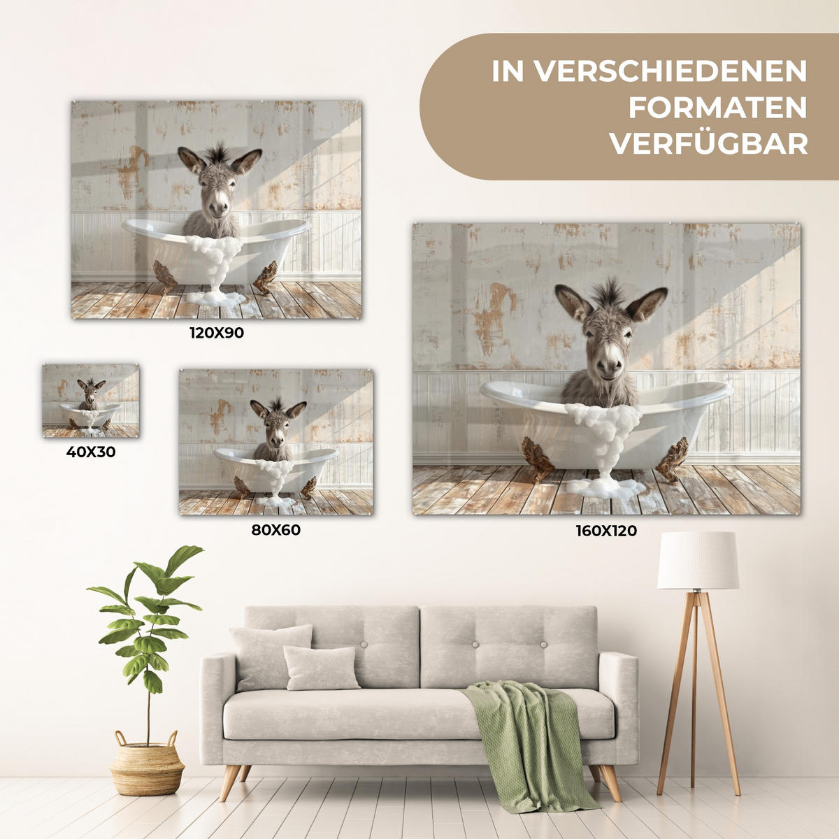 ACRYLGLASBILD Esel - Tiere - Badewanne - Schaumstoff 80x60 cm - Weiß, Glas (80/60cm) - MuchoWow