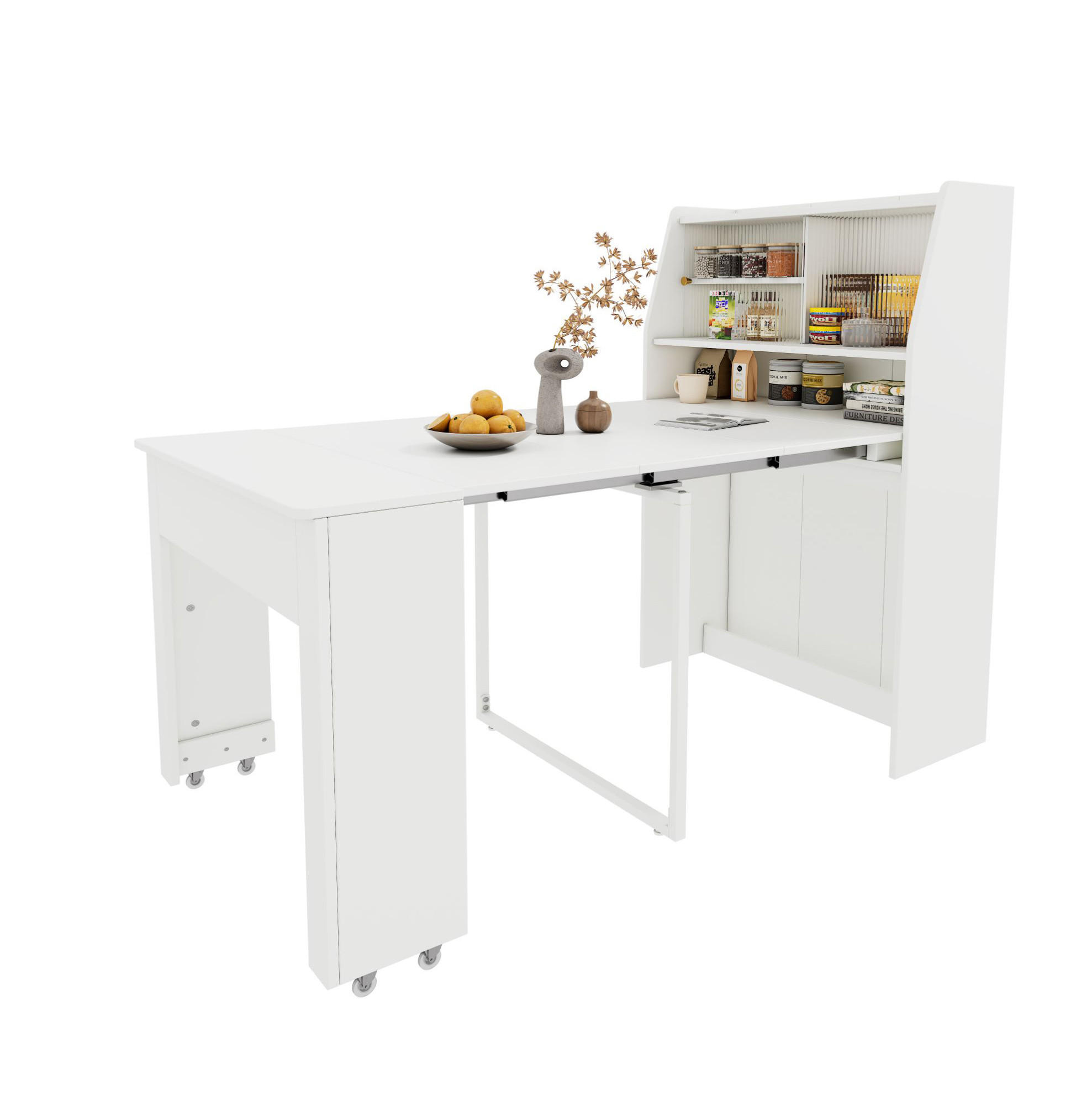 Modfu ROZKLÁDACÍ jídelní stůl z dřevotřísky 80x52x76 cm bílý s úložným prostorem a skleněnou vitrínou