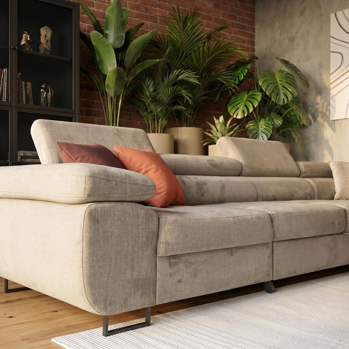 ECKSOFA WILD MAXI L Rechts mit Schlaffunktion 125x195 Velours Beige - Chromfarben/Beige, Holz/Textil (203/350cm) - Muffo