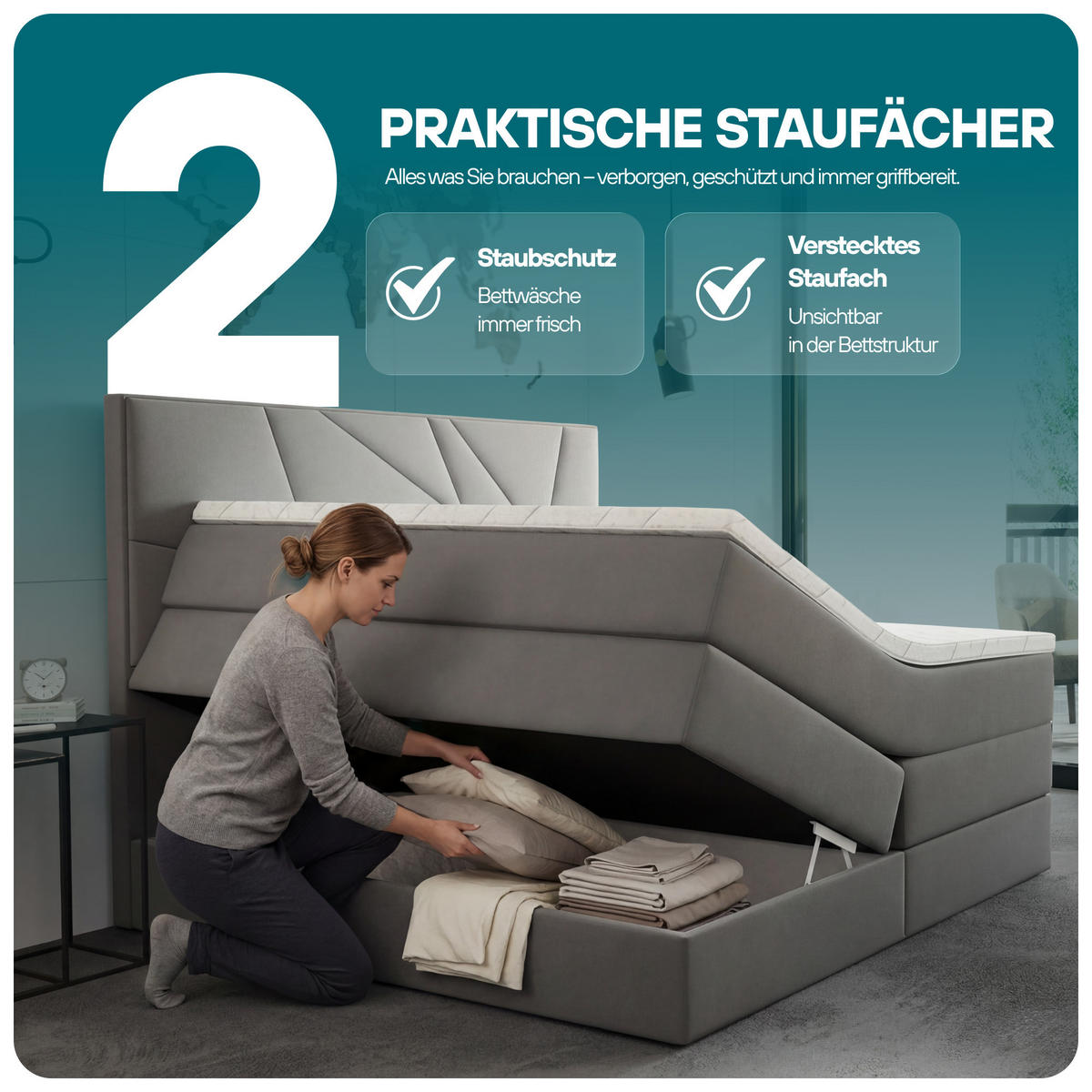 BOXSPRINGBETT VERDE LUX 200x200 cm, Bonell und Taschenmatratze, Topper 5 cm und Stauraum, Samtstoff, Schwarz - Schwarz, Holz/Kunststoff (200/200cm) - Trada