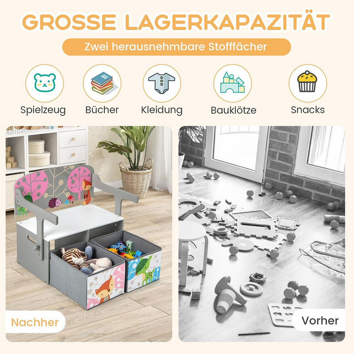 KINDERSITZBANK 3-in-1 Tisch-Sitzbank-Set grau - Grau, Holzwerkstoff (60/57/42cm) - COSTWAY
