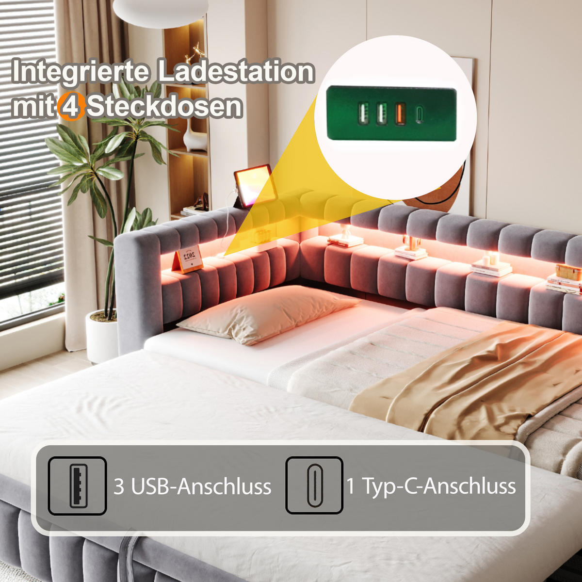 SCHLAFSOFA 90/200 cm & 90/190 cm in Dunkelgrau Samt mit Ausziehbett, LED und USB - Grau, Holzwerkstoff/Textil (90/200cm) - WISHDOR