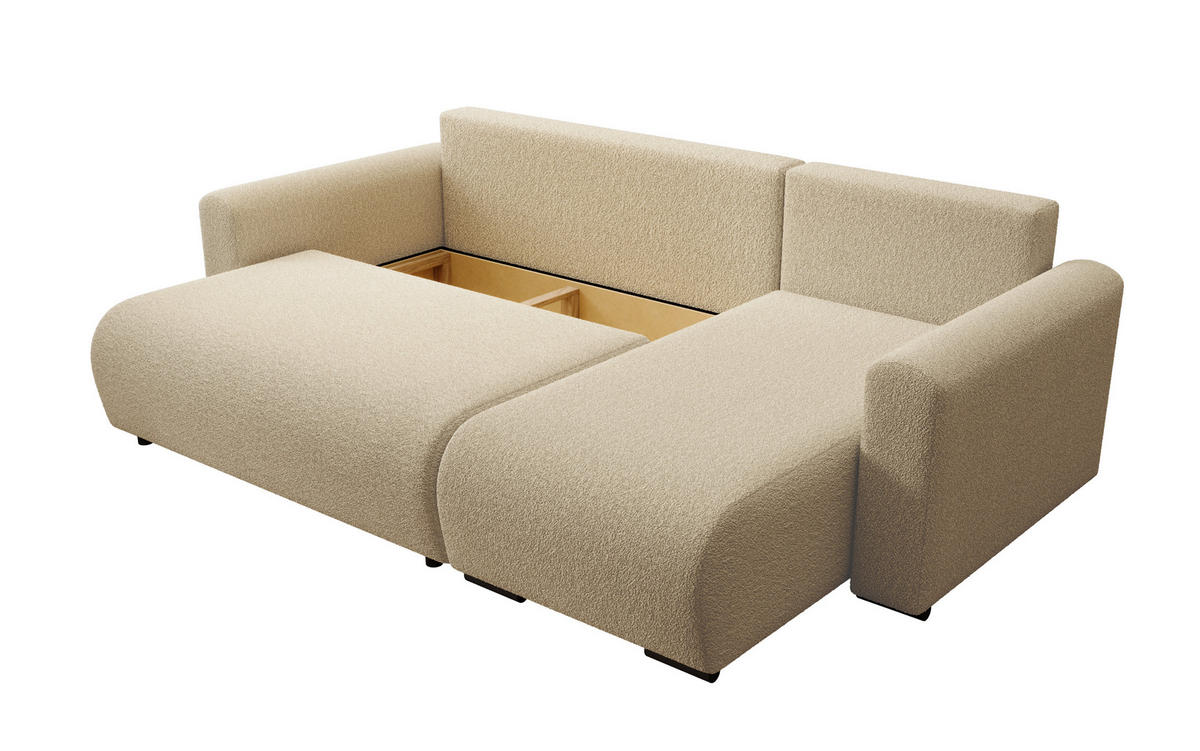 ECKSOFA DORA L, Eckcouch in L-Form mit Schlaffunktion und Bettkasten, Farbe: Creme, Bouclé-Stoff, Ottomane Rechts - Creme, Textil (240/143cm) - Storez24