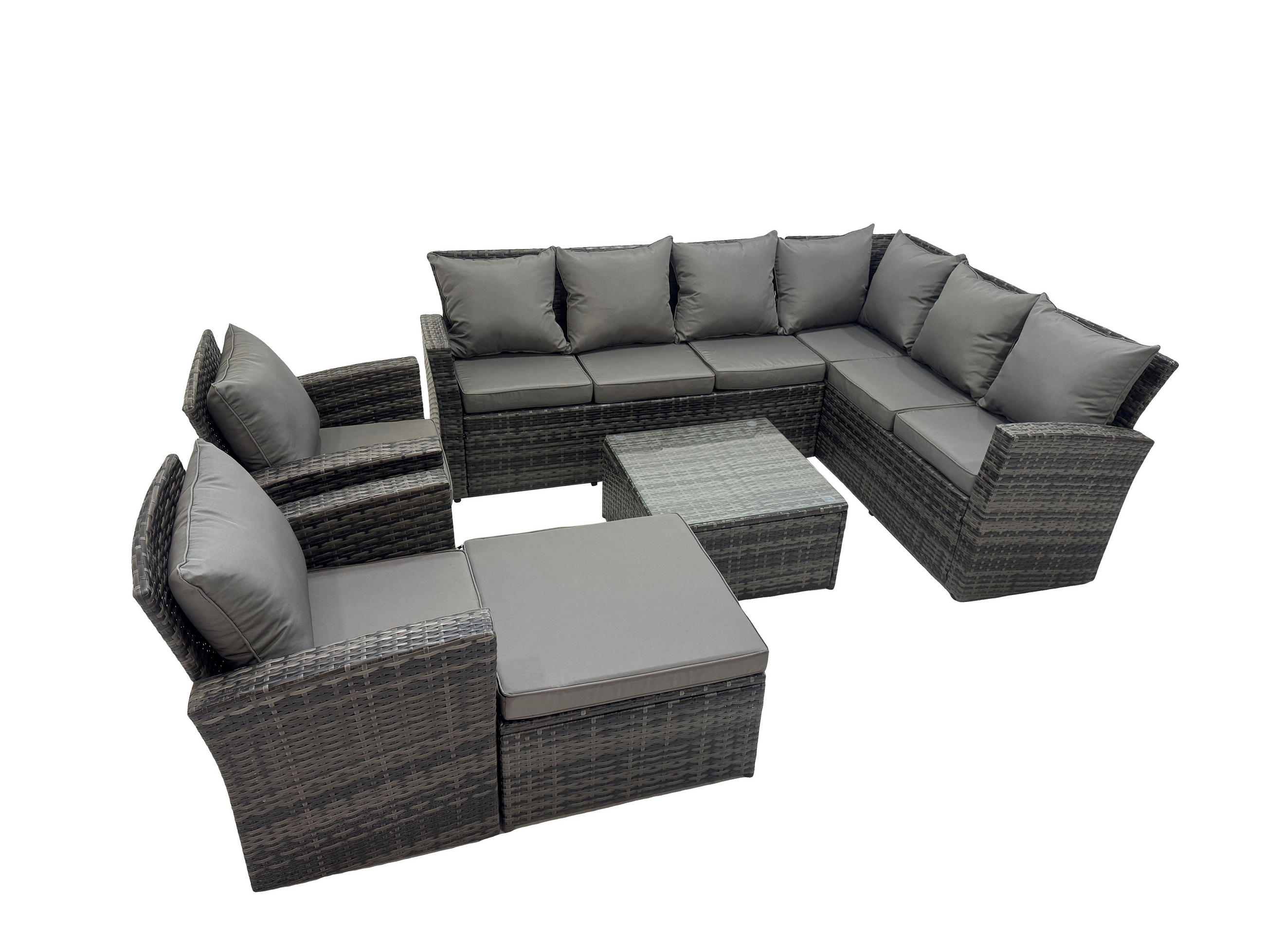 LOUNGEGARNITUR mit Couchtisch Sofa Polyrattan Dunkelgrau 9-Sitzer - Dunkelgrau/Grau, Glas/Kunststoff - Fimous