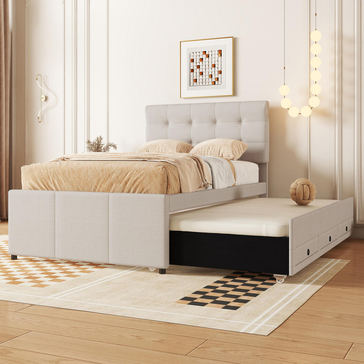 POLSTERBETT 90/200 cm mit ausziehbarem Rollbett, 3 Schubladen und verstellbarem Kopfteil, Beige - Beige, Textil (90/200cm) - Redom