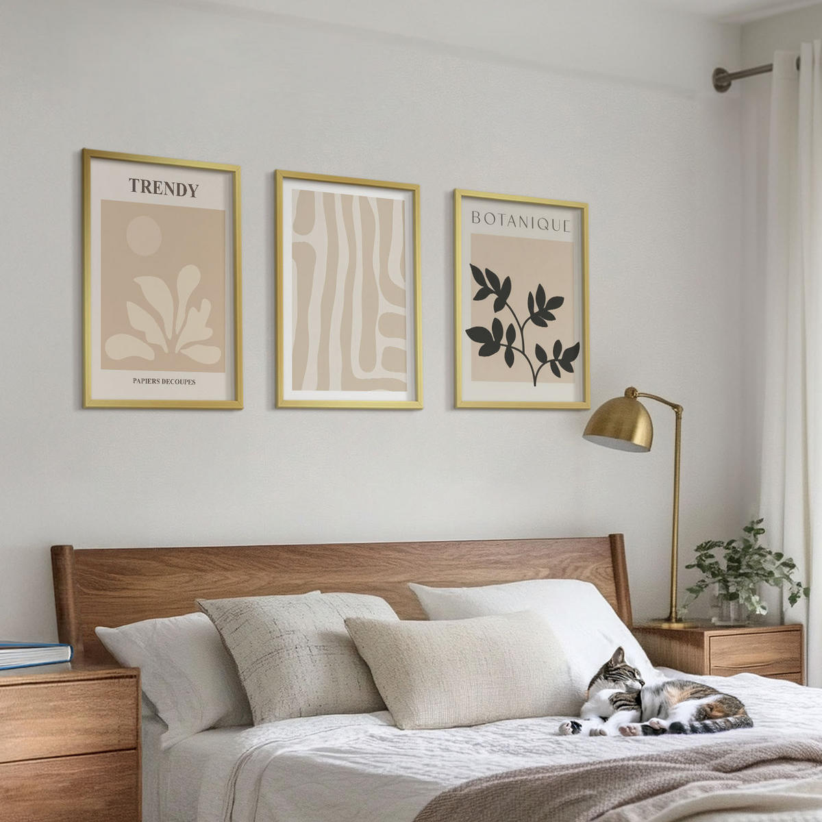 BILDER SET 3er Set - 40x60 cm Goldrahmen - Stilvolle Pflanzenmuster in Beige und Schwarz - Goldfarben, Kunststoff (40/60cm) - TULUP