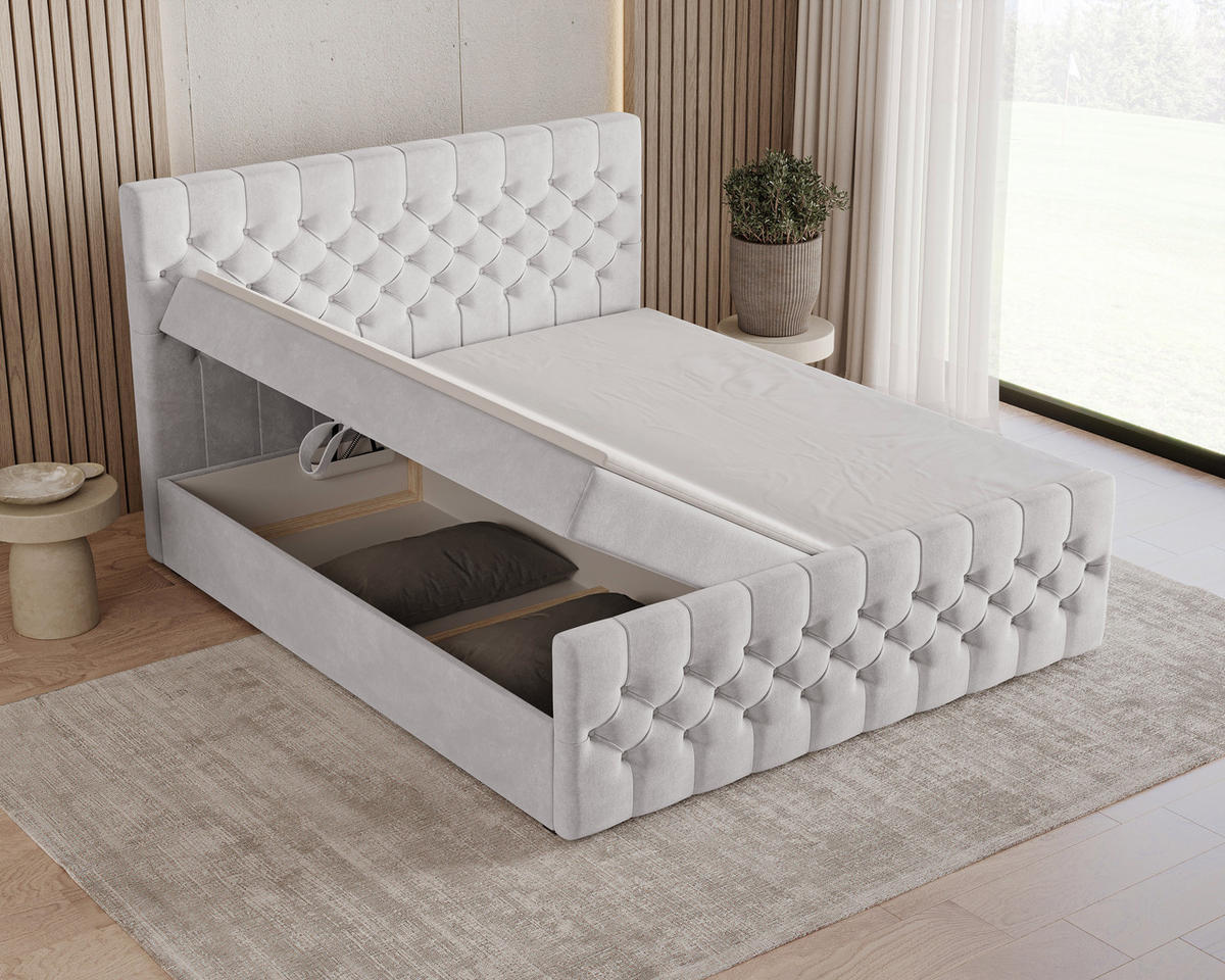 BOXBETT 12 160 x 200 cm - Manila - Modernes Polsterbett mit Bettkasten inkl. PU-Schaum-Topper und Federmechanismus - Silberfarben, Holz (160/200cm) - ROYAL24_MARKT