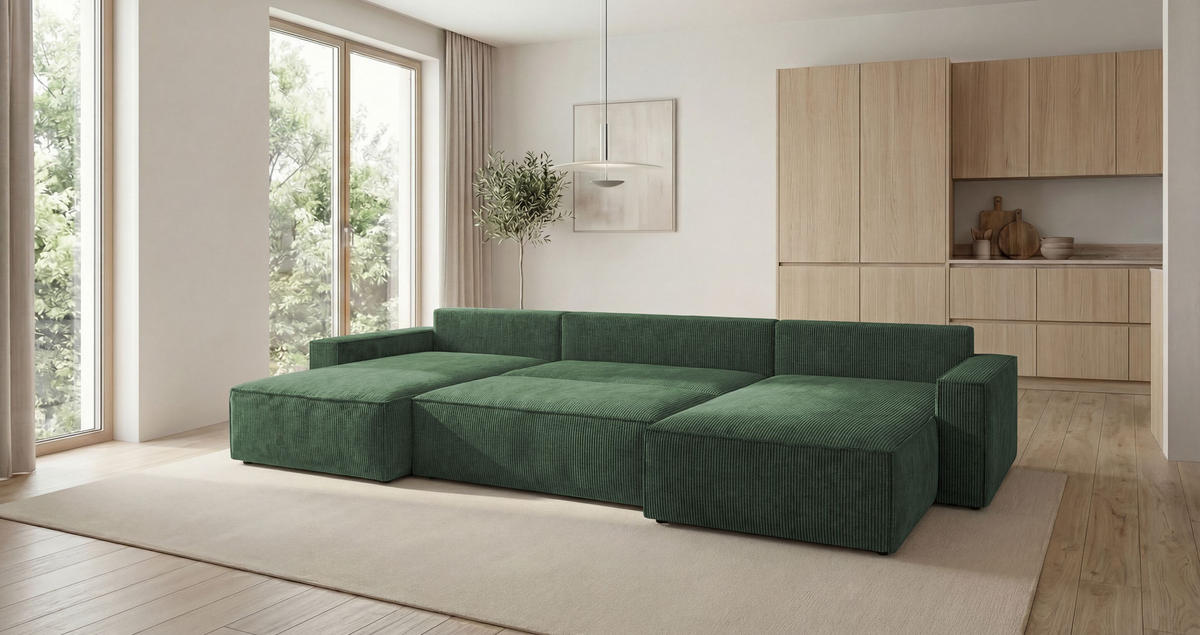 SEDACÍ souprava VIENNA tvar U zelená manšestr Poso 14 - funkce spaní, úložný prostor - zelená barva, textil (385/86/185cm) - Cornero