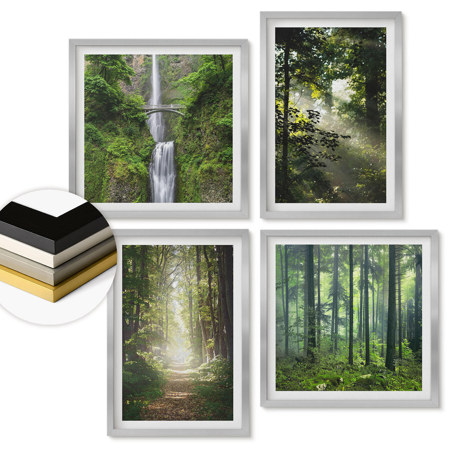 WANDBILDER 4er Set - 50x50 cm & 40x60 cm Silberner Rahmen - Grüne Wälder, Lichtstrahlen - Silberfarben, Kunststoff (50/50cm) - ArtPrintCave