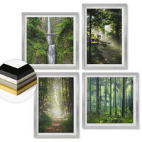 WANDBILDER 4er Set - 50x50 cm & 40x60 cm Silberner Rahmen - Grüne Wälder, Lichtstrahlen - Silberfarben, Kunststoff (50/50cm) - ArtPrintCave