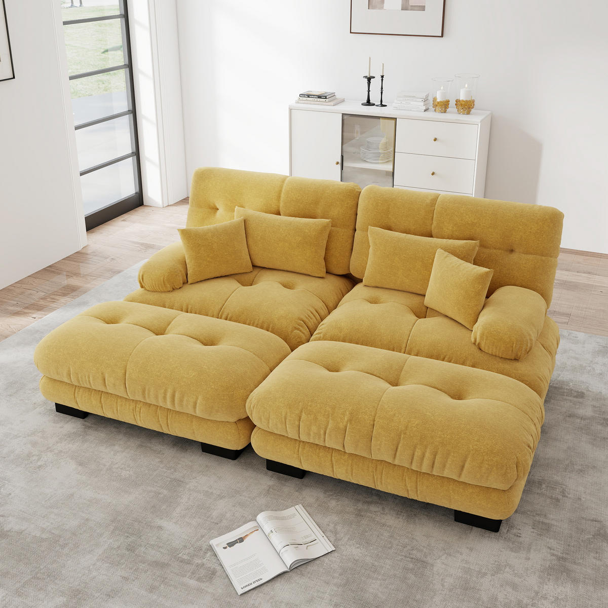 2-SITZER SOFA Chenille Gelb mit Lendenkissen, Dekokissen und Ottomans - Gelb, Textil (220/81/145cm) - WISHDOR