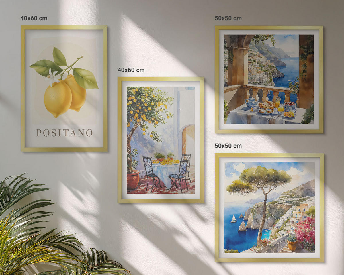 BILDER SET 4er Set - 50x50 cm & 40x60 cm Goldrahmen - Ansichten der Zitronenarchitektur von Positano - Goldfarben, Kunststoff (50/50cm) - TULUP