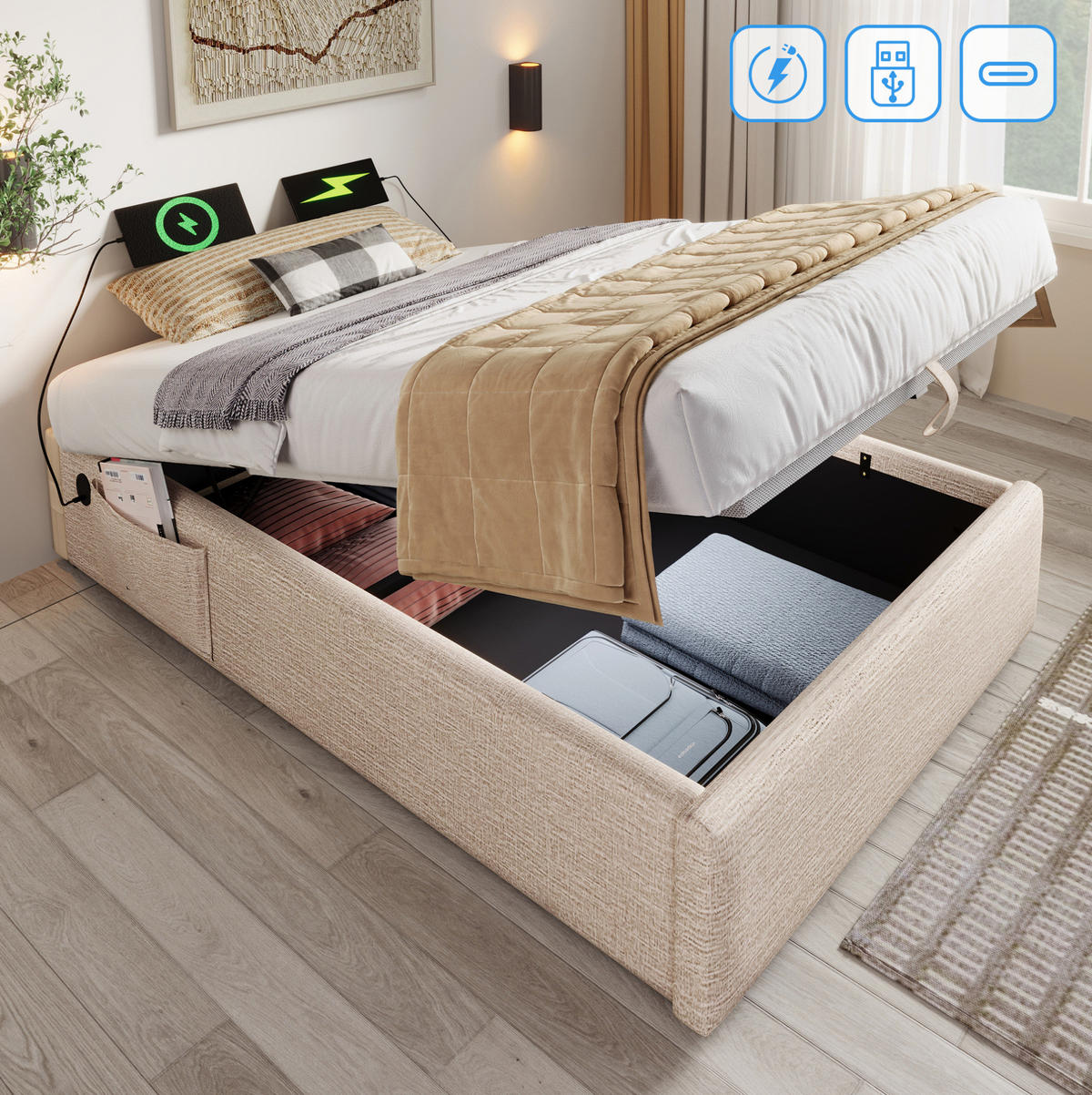 BETT mit Stauraum 90x190 cm Leinen Natur USB/Type-C - Beige, Metall (90/190cm) - Meubliv