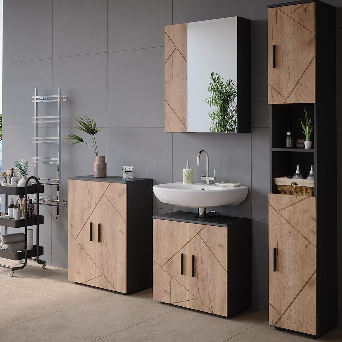 KOUPELNOVÁ ZRCADLOVÁ SKŘÍŇKA Irma Antracit/zlatý dub - medově dubová/antracitová, kompozitní dřevo (60/75/17.2cm) - Vicco