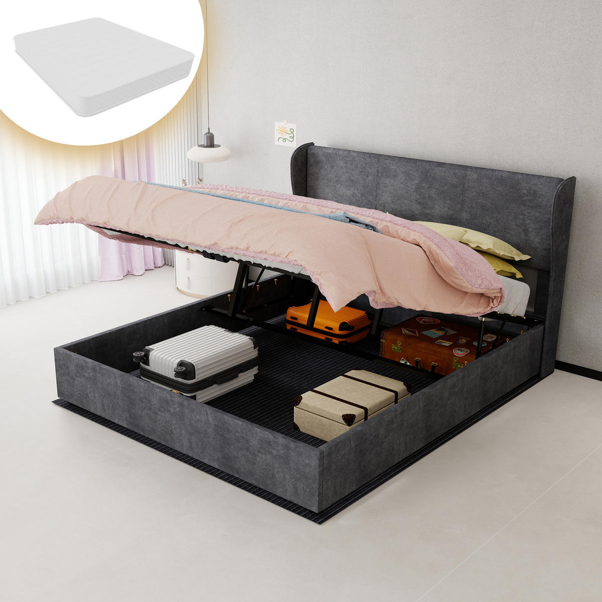 STAURAUMBETT 160/200 cm DE-32993 mit Gaslift-Stauraum und Matratze Grau - Grau, Metall (160/200cm) - ComfortXL