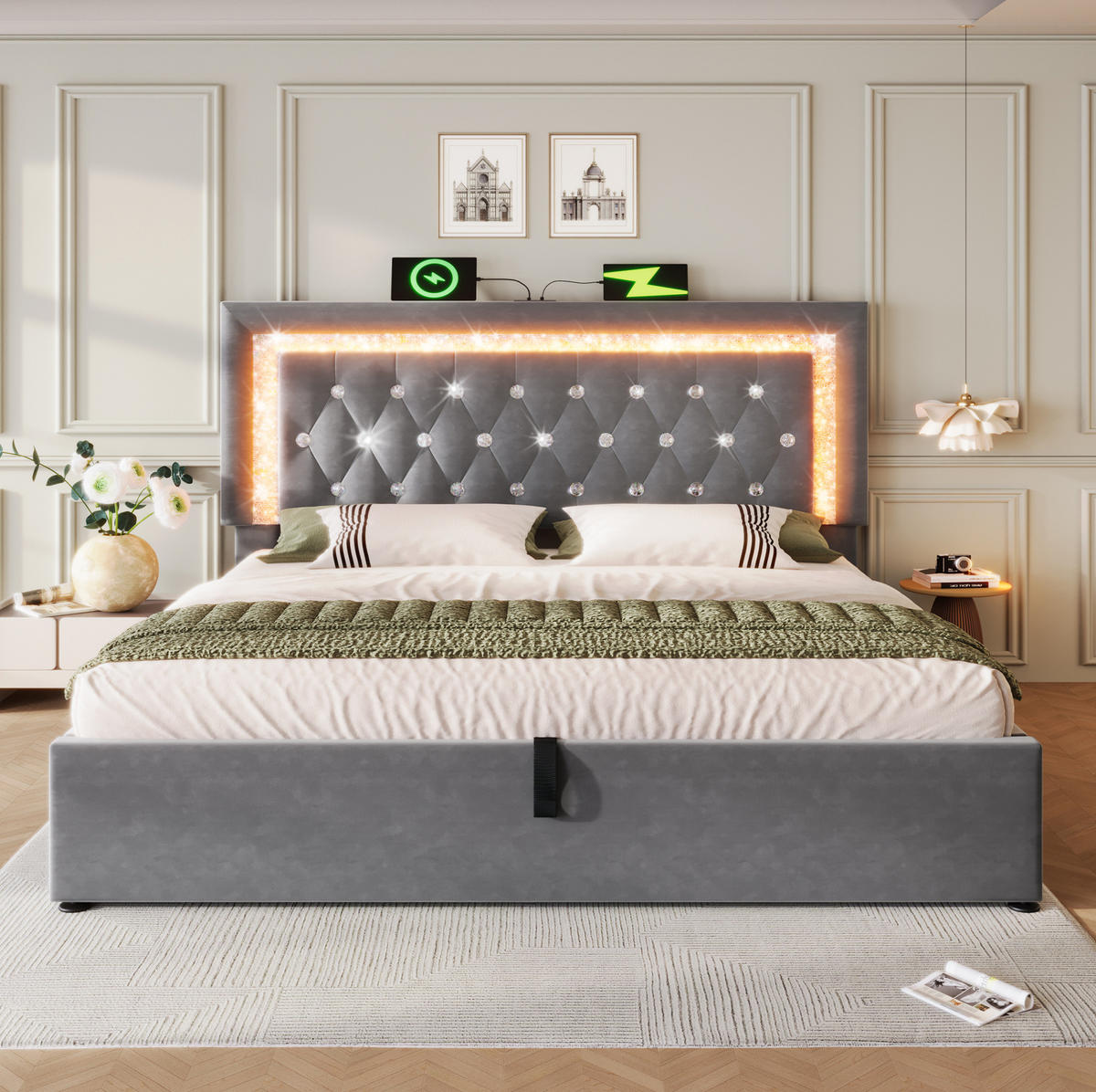 POLSTERBETT mit Bettkasten 160x200 cm Samt Grau mit LED und USB - Grau, Metall (160/200cm) - Meubliv