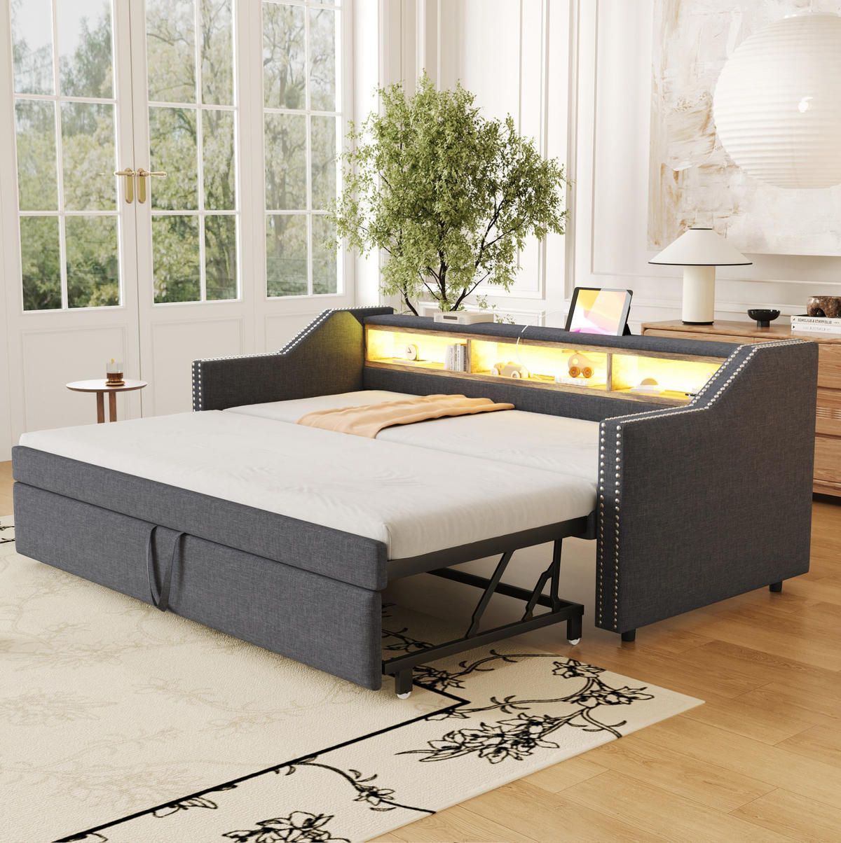 AUSZIEHBETT 90/180×190 cm Dunkelgrau mit LED-Beleuchtung und USB-Anschluss - Dunkelgrau, Textil (90/190cm) - Flora Grace