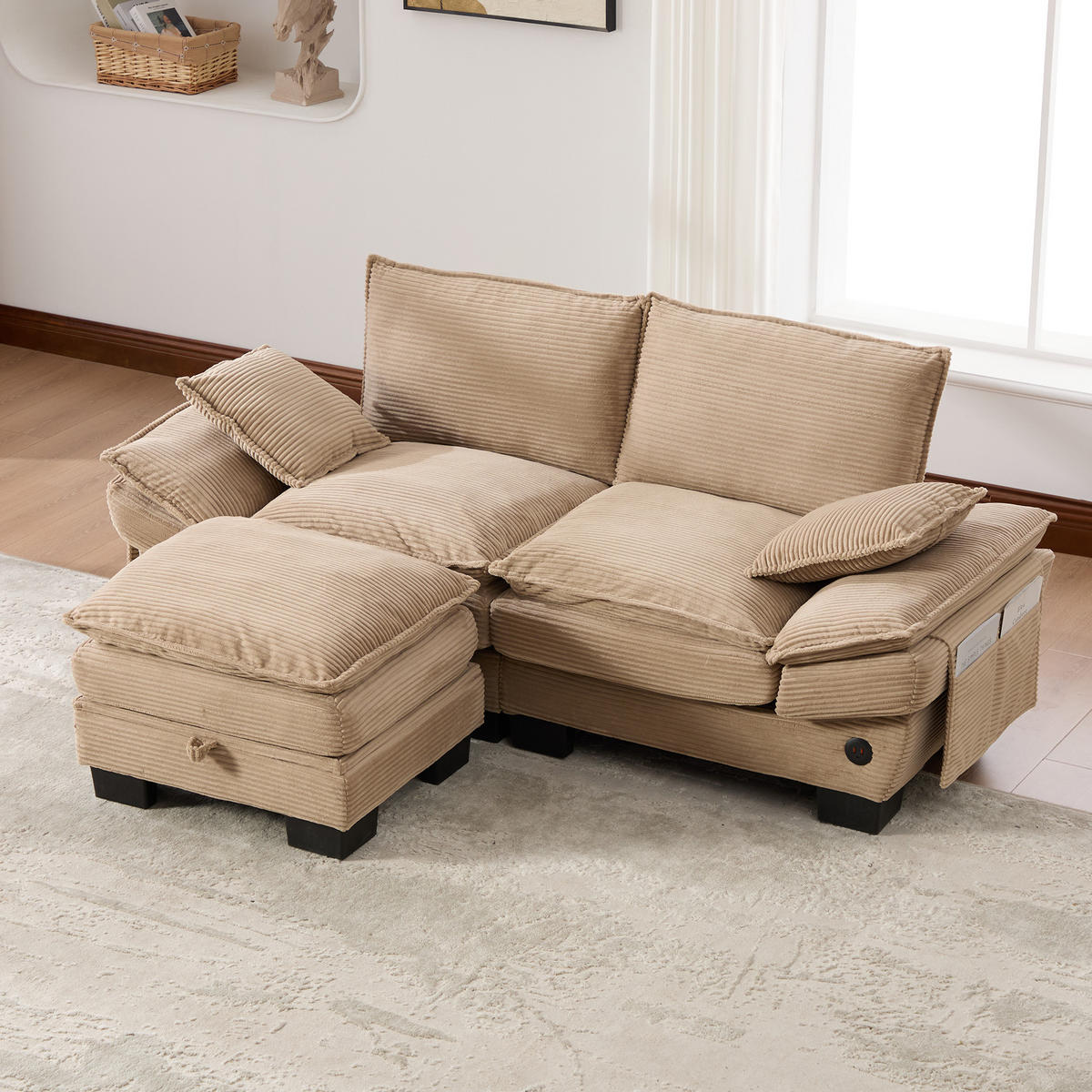 2-SITZER Sofa aus Corduroy 190x132x84 cm mit Hocker & USB-C, beige - Beige, Textil (132/84/190cm)