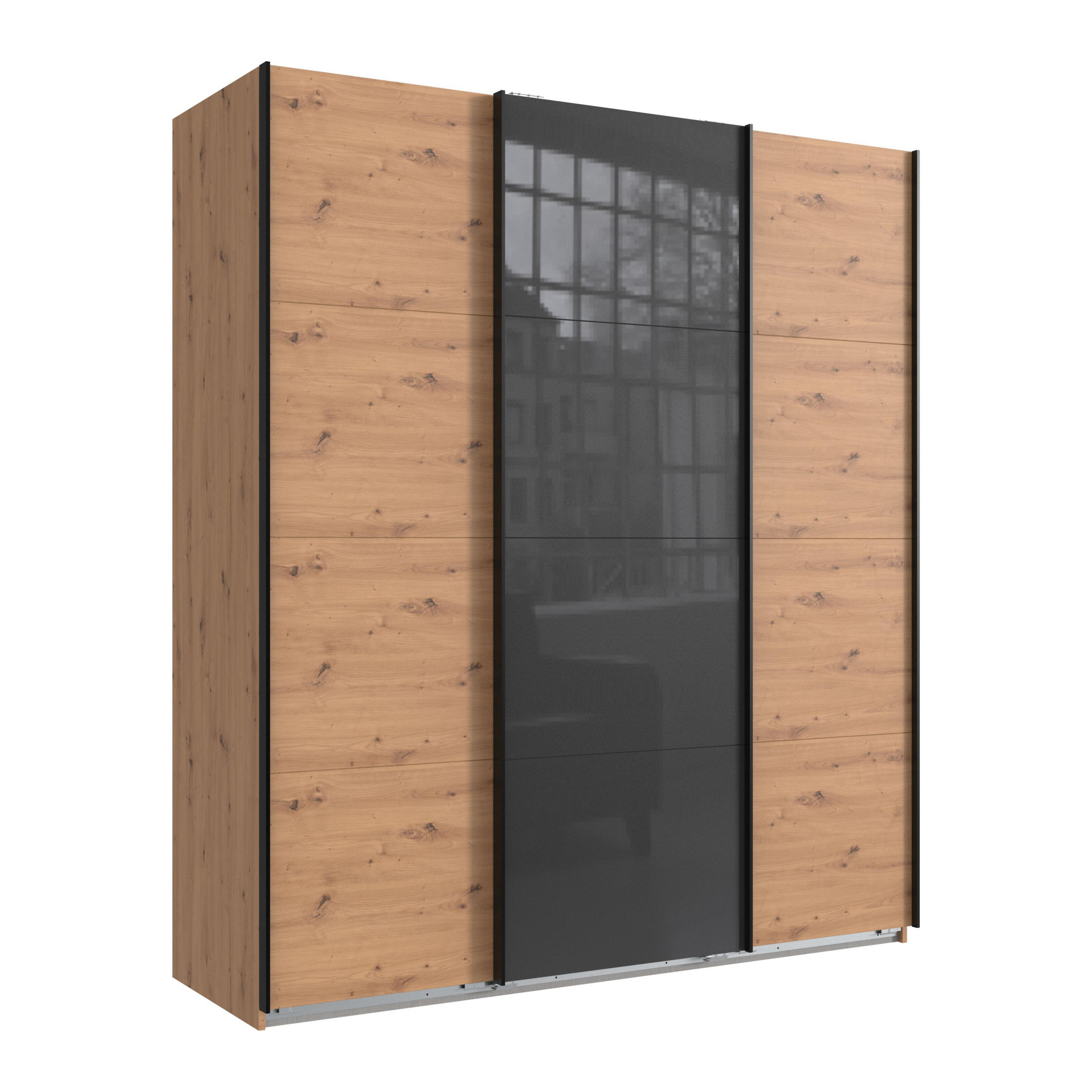 luma-home SKŘÍŇ S POSUVNÝMI DVEŘMI, 3dveřová, šířka 180 cm / výška 208 cm / hloubka 64 cm, dekor dub Artisan, s jedněmi prosklenými dveřmi v šedé barv