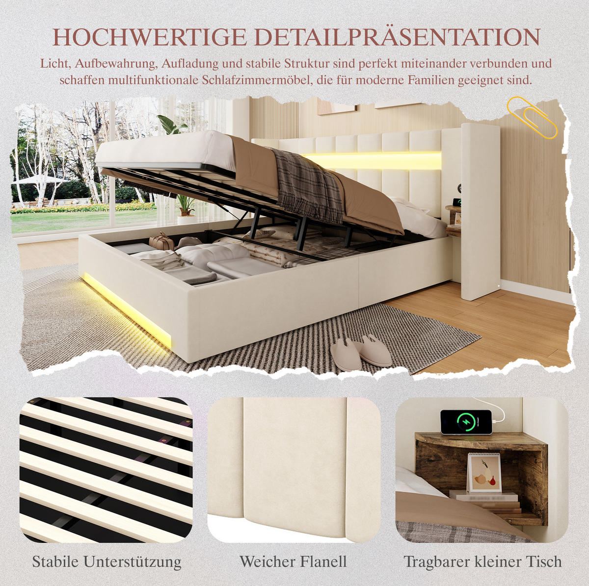 BETT mit USB, LED und Stauraum 180x200 cm Samt Beige - Beige, Metall (180/200cm) - Meubliv
