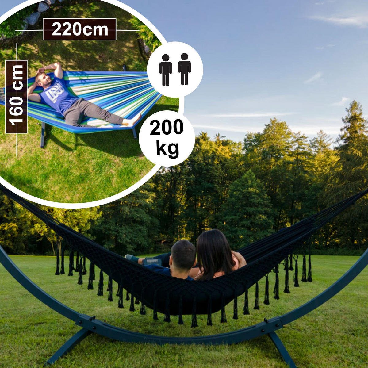 HÄNGEMATTE mit Gestell, 2 Personen, XXL, 200 kg, Metall, Santia Schwarz, einfache Montage - Anthrazit, Metall (370/130/120cm) - Potenza