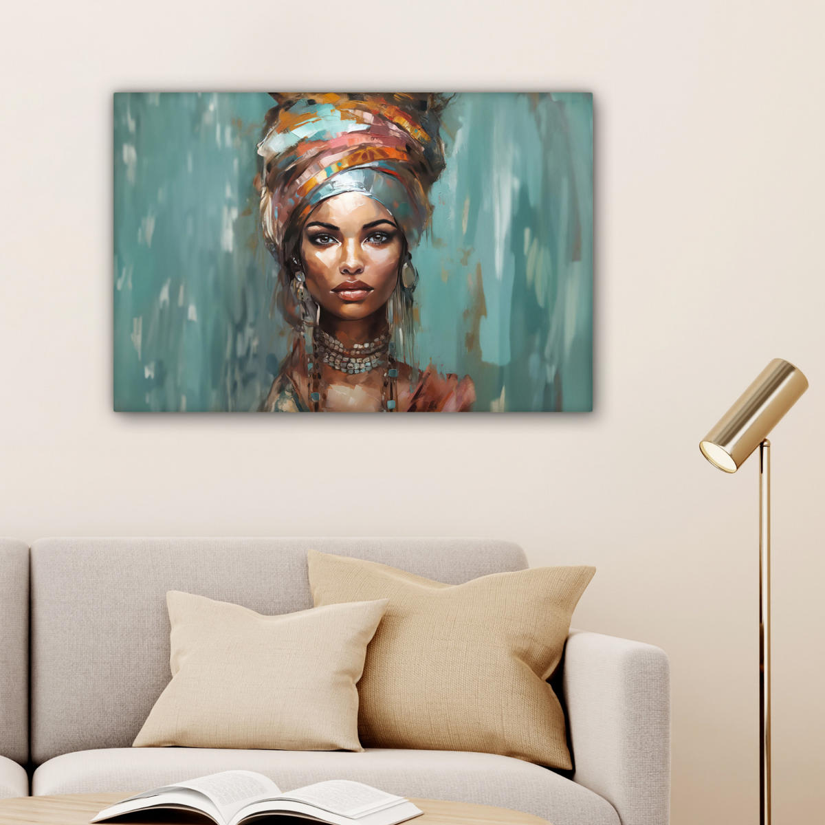 LEINWANDBILD Frau - Kunst - Schmuck - Porträt Wanddeko 90x60 cm - Blaugrau, Textil (90/60cm) - MuchoWow