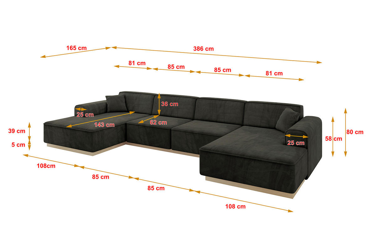 WOHNLANDSCHAFT IREA-U2 - 386x165x80 cm Schwarz - Schwarz, Holzwerkstoff/Textil (386/80/165cm) - ALTDECOR