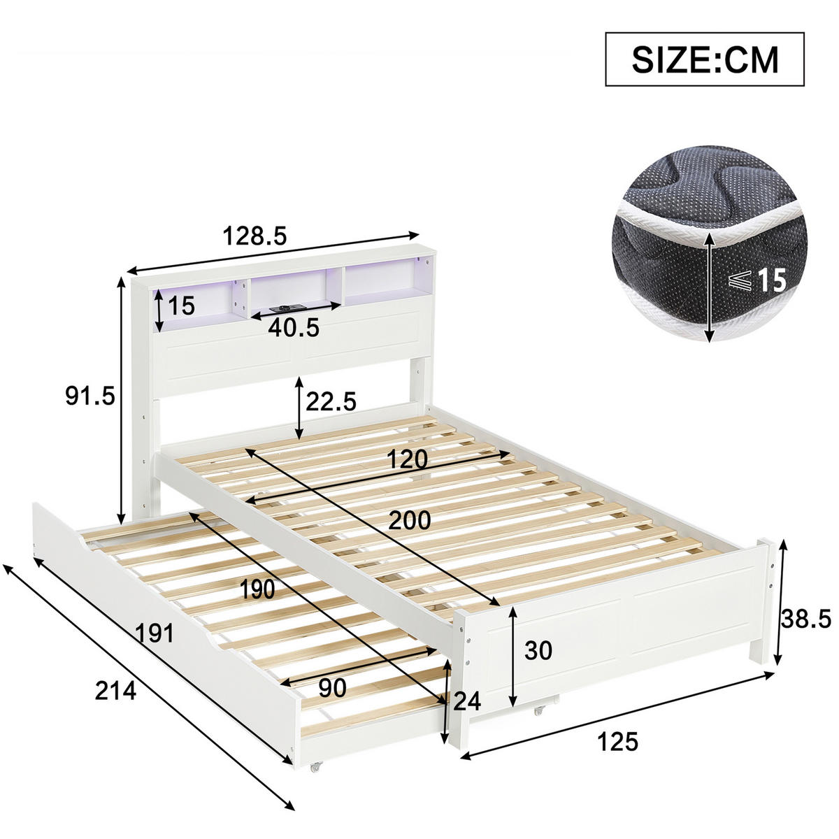 BETT 120/200 cm & 90/190 cm in Weiß mit Ausziehbett, LED, USB und Regal - Weiß, Holz/Holzwerkstoff (120/200cm) - WISHDOR