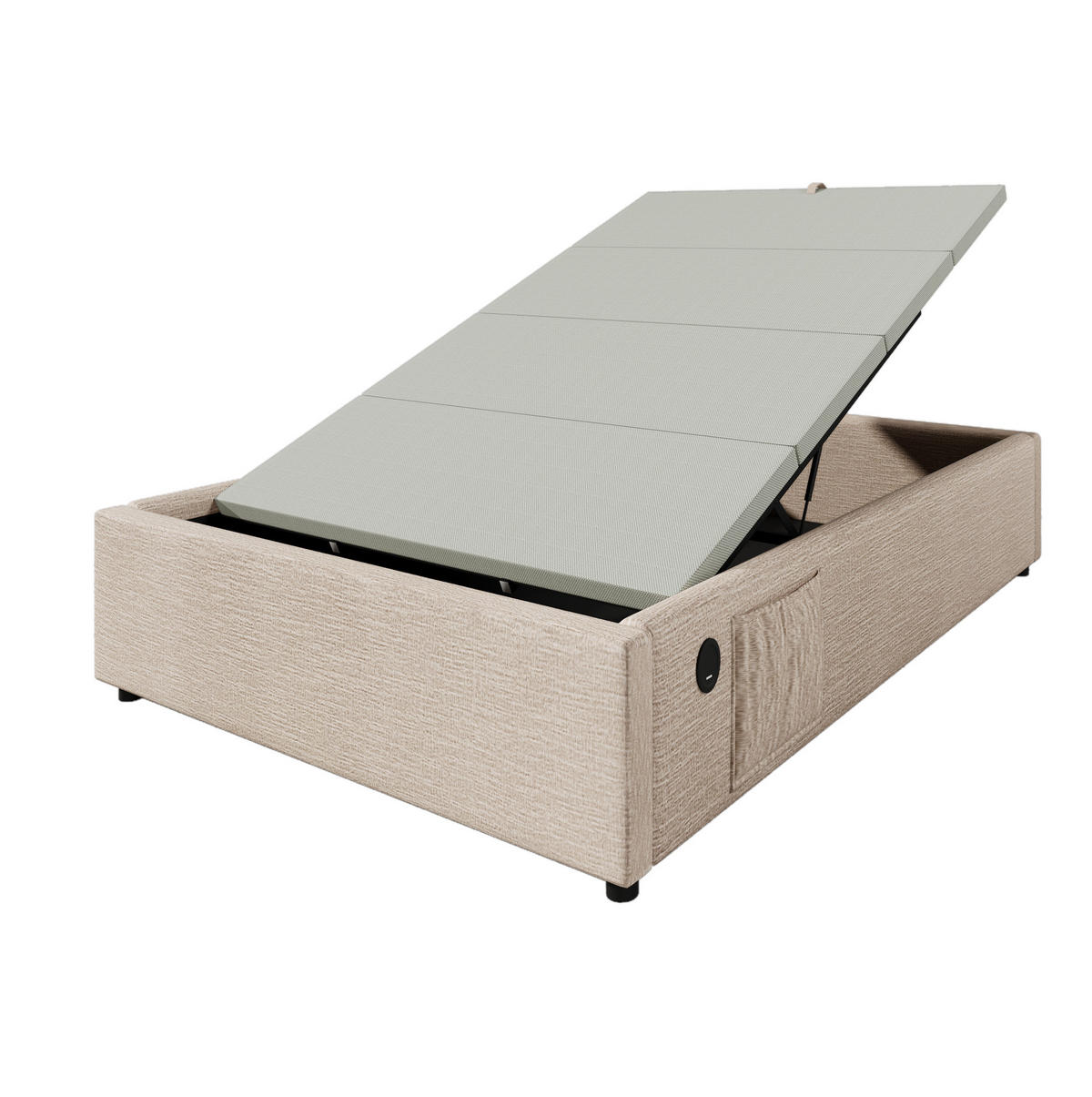 POLSTERBETT 90/200 cm aus Leinen mit Stauraum und USB- und Type-C-Anschlüssen - Beige, Textil (90/200cm) - Flora Grace