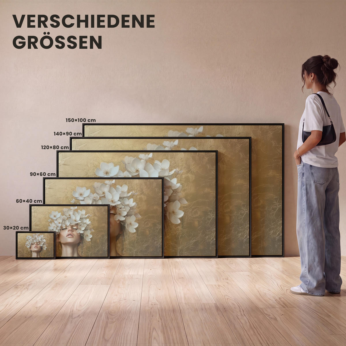 LEINWAND Bilder mit Rahmen - Gesicht - Blumen - Gold - Abstrakt - 120x80 - Goldfarben, Textil (120/80cm) - MuchoWow