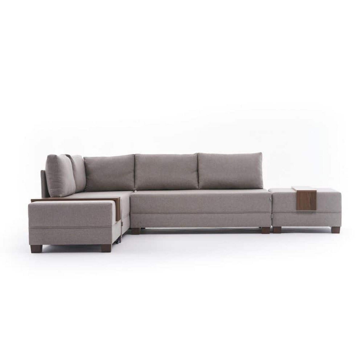 ECKSOFA mit rollbarer Schlaffunktion - Beige/Walnussfarben, Holz/Textil (280/210cm) - myHomelando