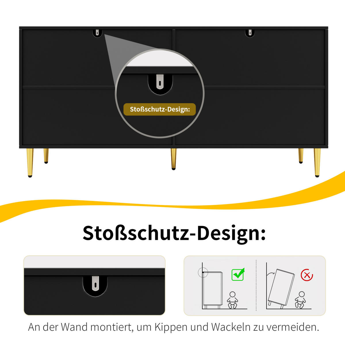 SIDEBOARD aus MDF 152x40x75 cm Schwarz mit Wellenfront und goldfarbenen Griffen - Schwarz, Holzwerkstoff (152/75/40cm) - IVMEU