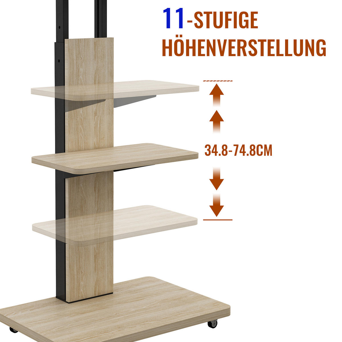 TV-ELEMENT 60/40/114-174 cm Naturholz mit Ablagefach und feststellbaren Rollen - Naturfarben, Holz (60/174/40cm) - Oxeza
