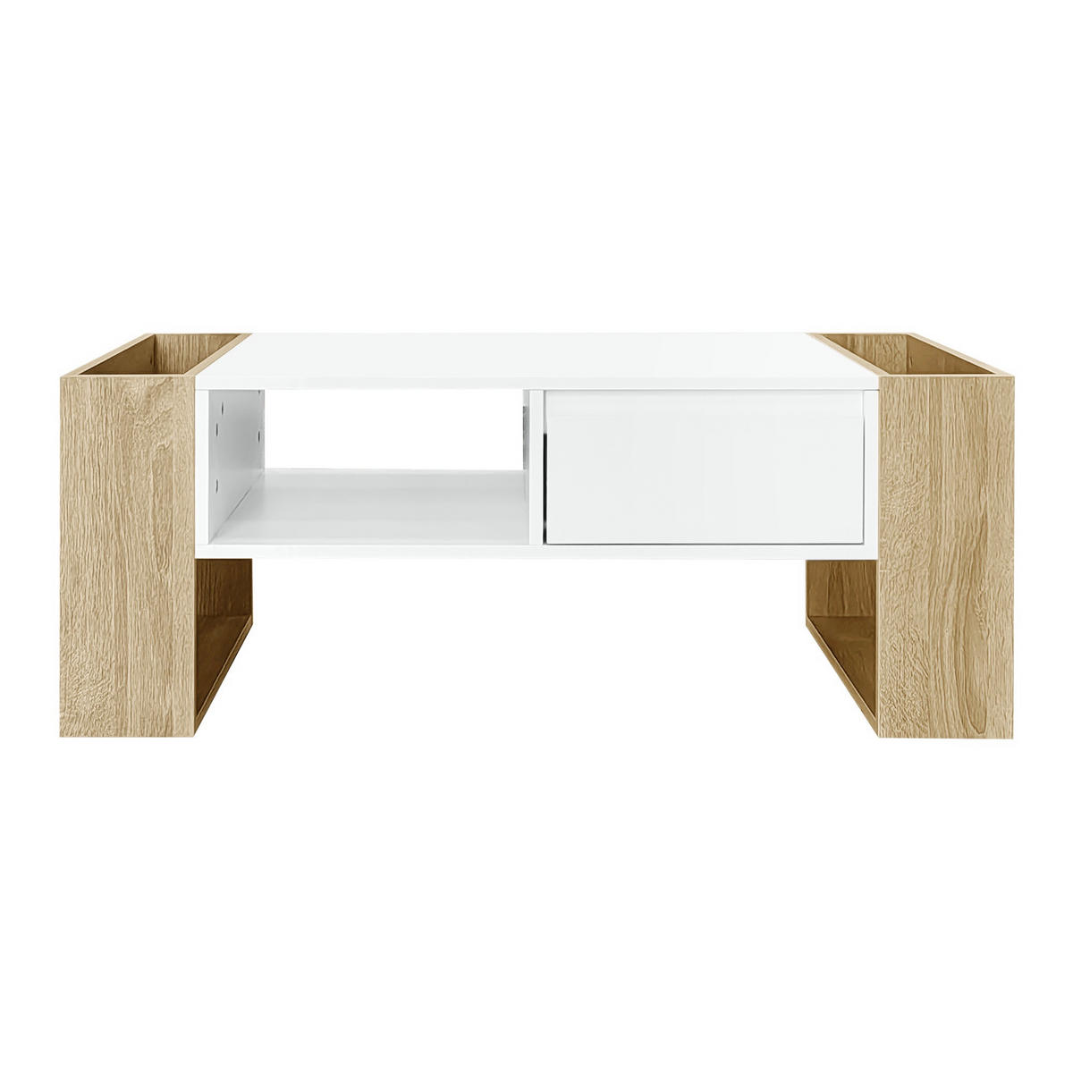 COUCHTISCH 105x60cm Hochglanz Schubladen & offene Fächer Weiß Holzoptik - Weiß, Holz (88.49/69.98/15.98cm) - FLIEKS
