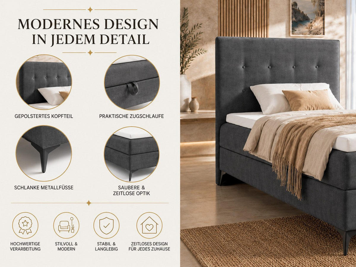 BOXBETT K15 Single SLIM mit Bettkasten & Bonell-Federkern inkl. Topper - Schwarz, Holz/Textil (200/100cm) - Best For Home