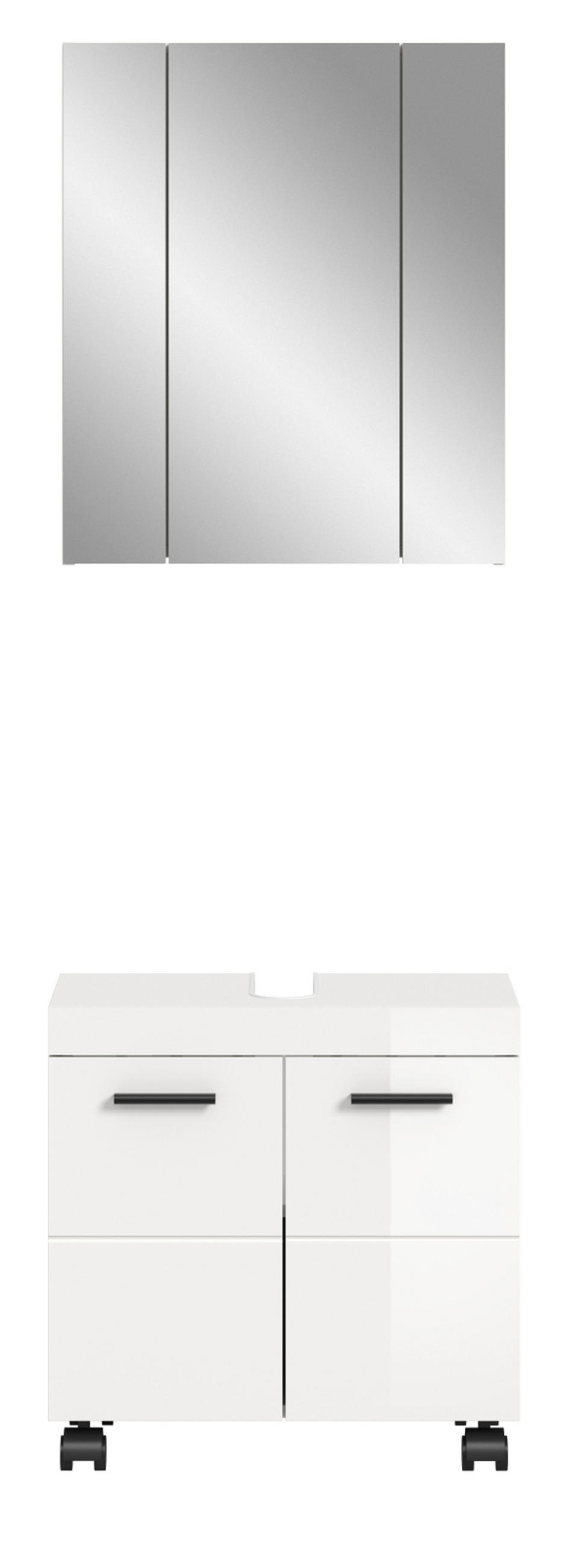 BADMÖBEL-SET weiß Hochglanz 2-teilig 60 cm, Badkombination auf Rollen - Weiß Hochglanz/Schwarz, Glas/Holzwerkstoff (60/191/30cm) - Inn.Furn