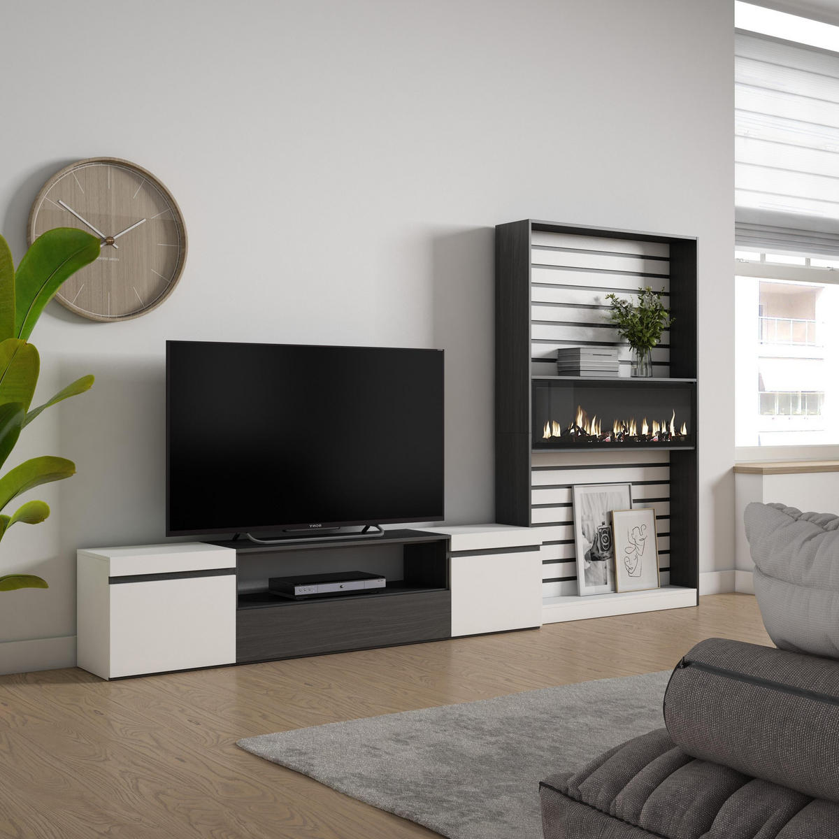 WOHNWAND Wohnzimmer, weiß und schwarz, Elektrokamin,, 310/35/186cm - Schwarz/Weiß, Holzwerkstoff (310/186/35cm) - Skraut Home