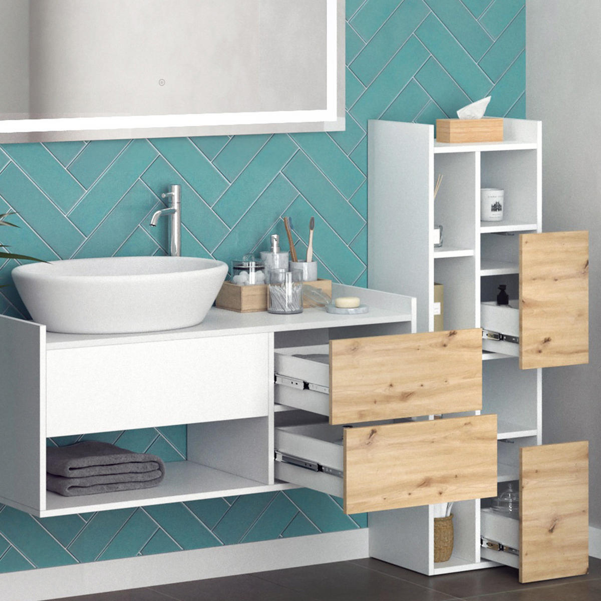 BADMÖBEL-SET Alf Weiß 3 Teile - Eichefarben/Weiß, Holzwerkstoff (105/45/43cm) - Vicco