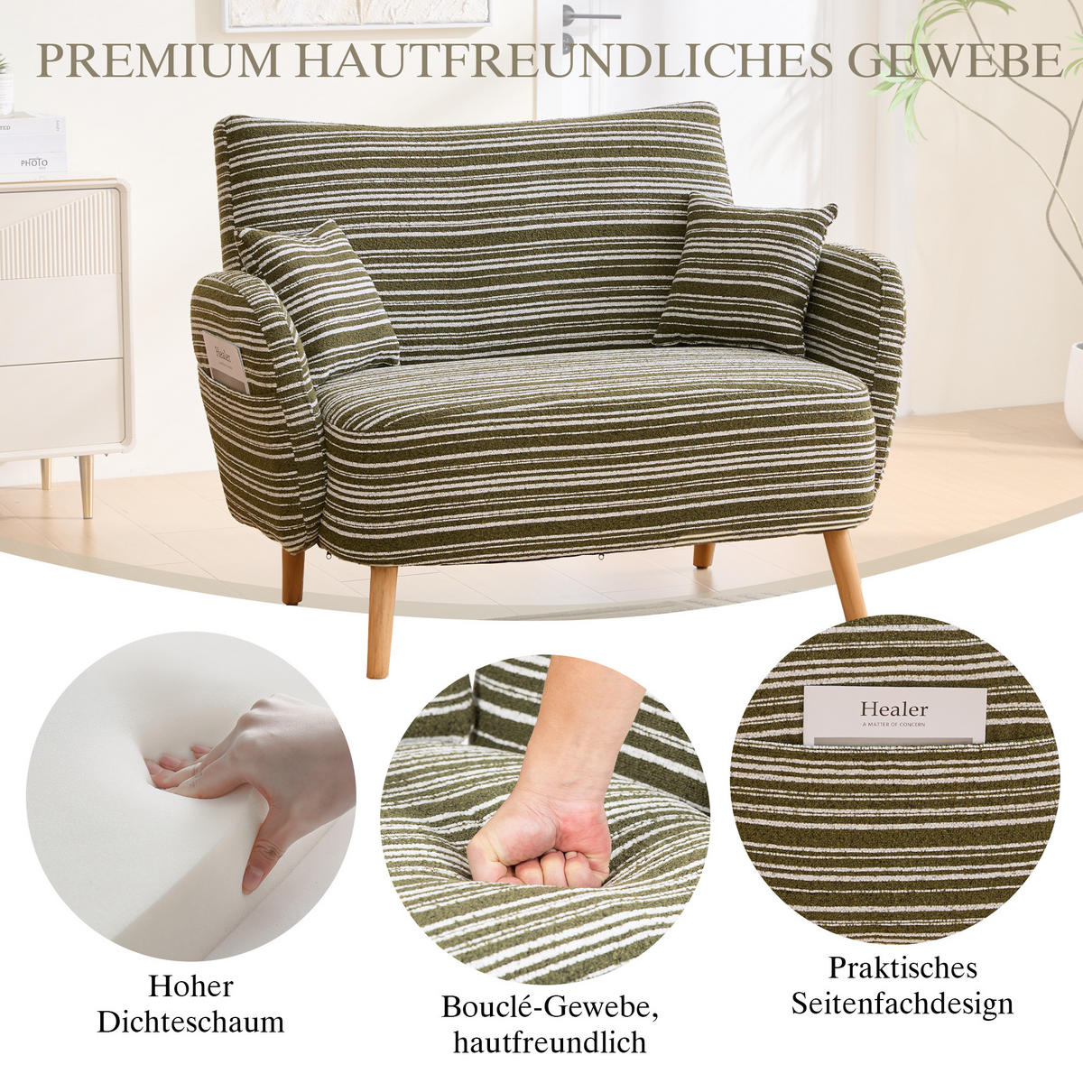 2-SITZER Sessel Grün mit Armlehnen & Seitentasche, modernes Stoffsofa - Grün, Textil/Metall (121/87/81cm) - PARAFTA HOME