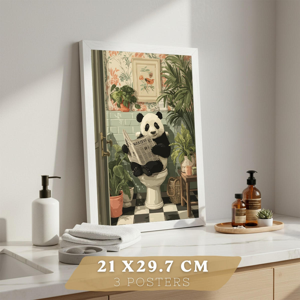 PLAKÁT Sada 3 zábavných koupelnových tisků, potisky pandy a koaly na toaletu, vtipný PLAKÁT na toaletu, umyvadlo, vintage botanický styl Bezrámové A4 - čirá, papír (29.7/21/3cm) - Nacnic