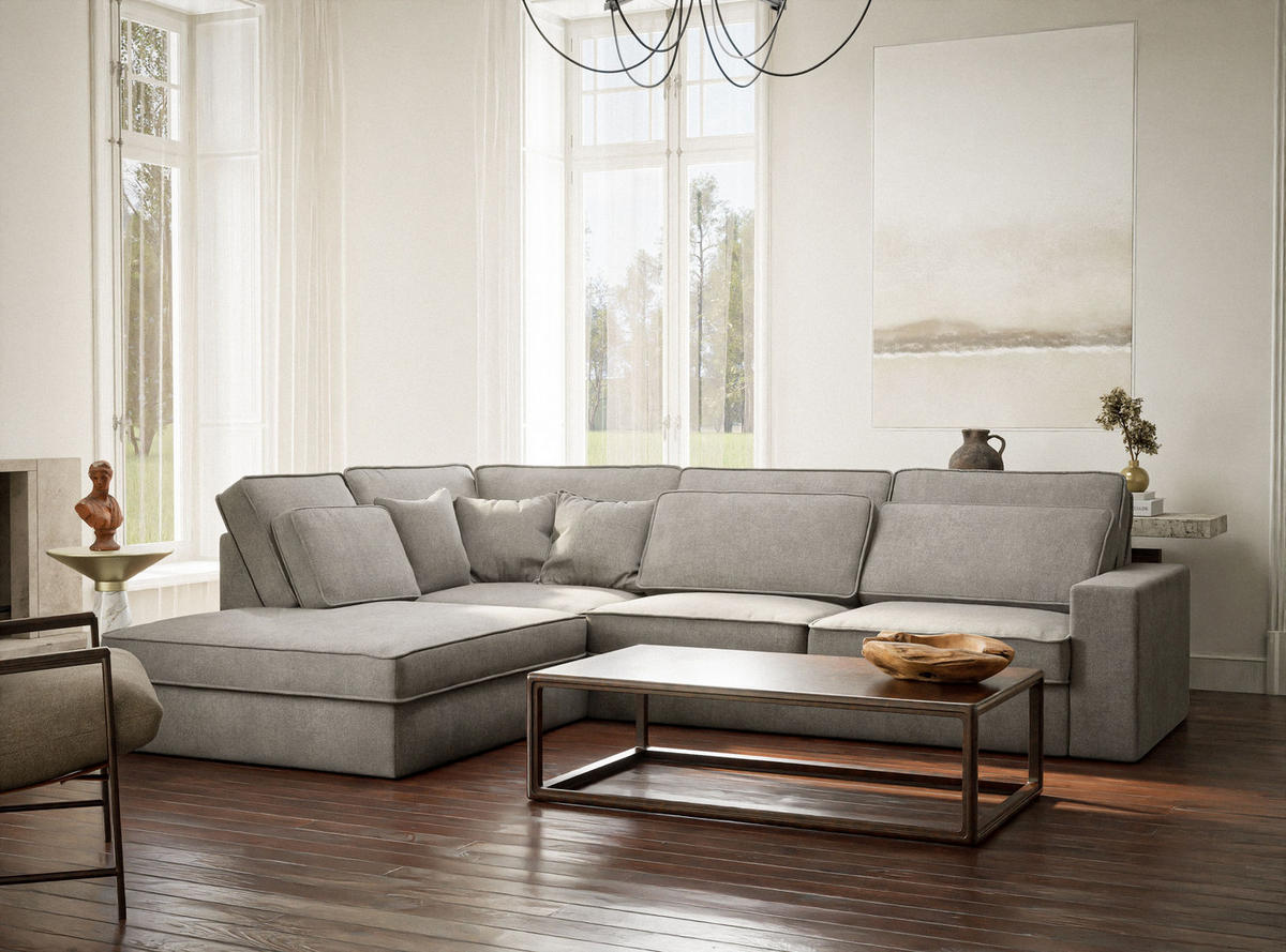 ECKSOFA Kirou Beige grau Chenille-Stoff - Links Seite - Greige/Schwarz, Holz/Holzwerkstoff (225/311cm) - Maison de Reve