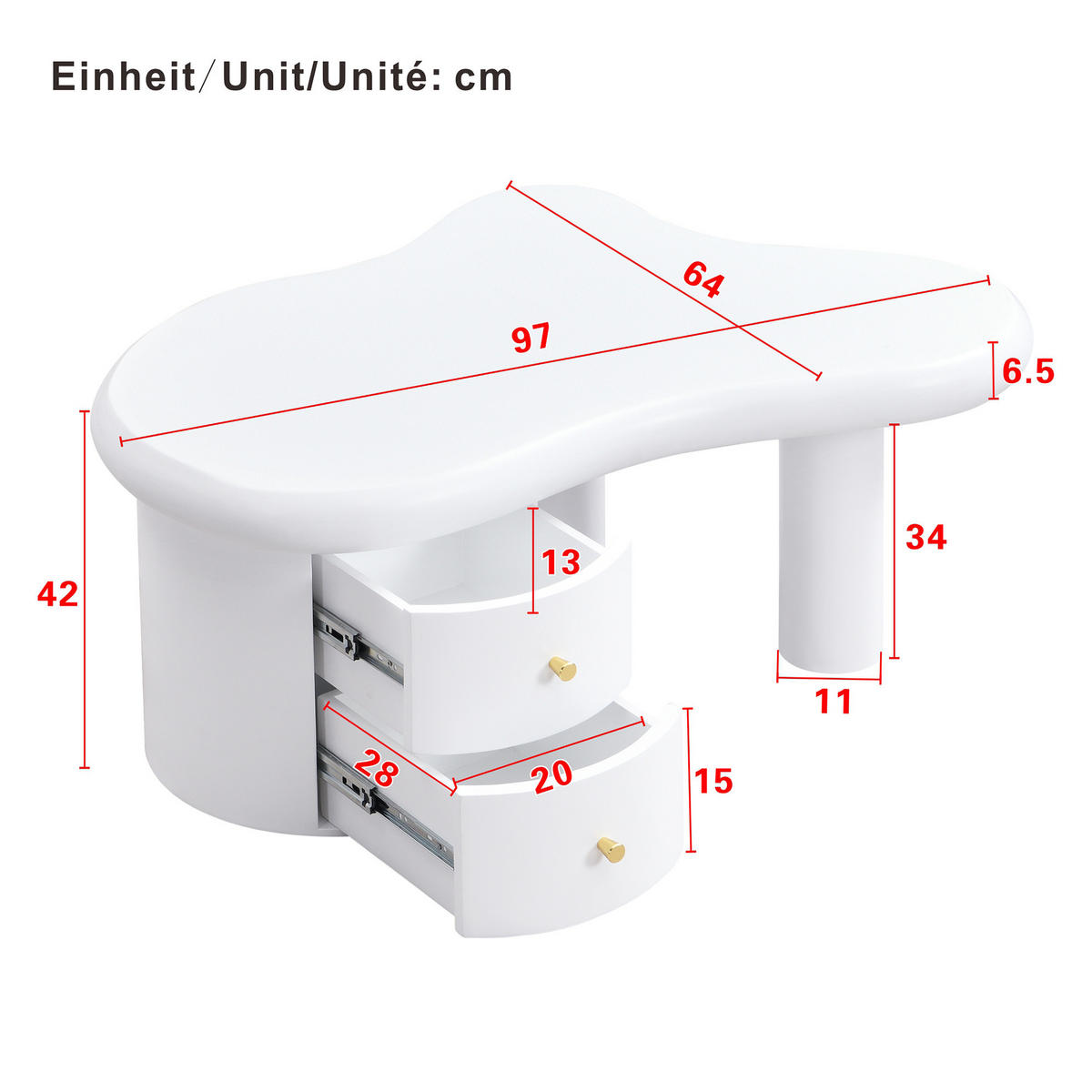 COUCHTISCH aus MDF 97x64x42 cm in Weiß mit 2 Schubladen - Weiß, Holzwerkstoff (97/64/42cm) - Modfu