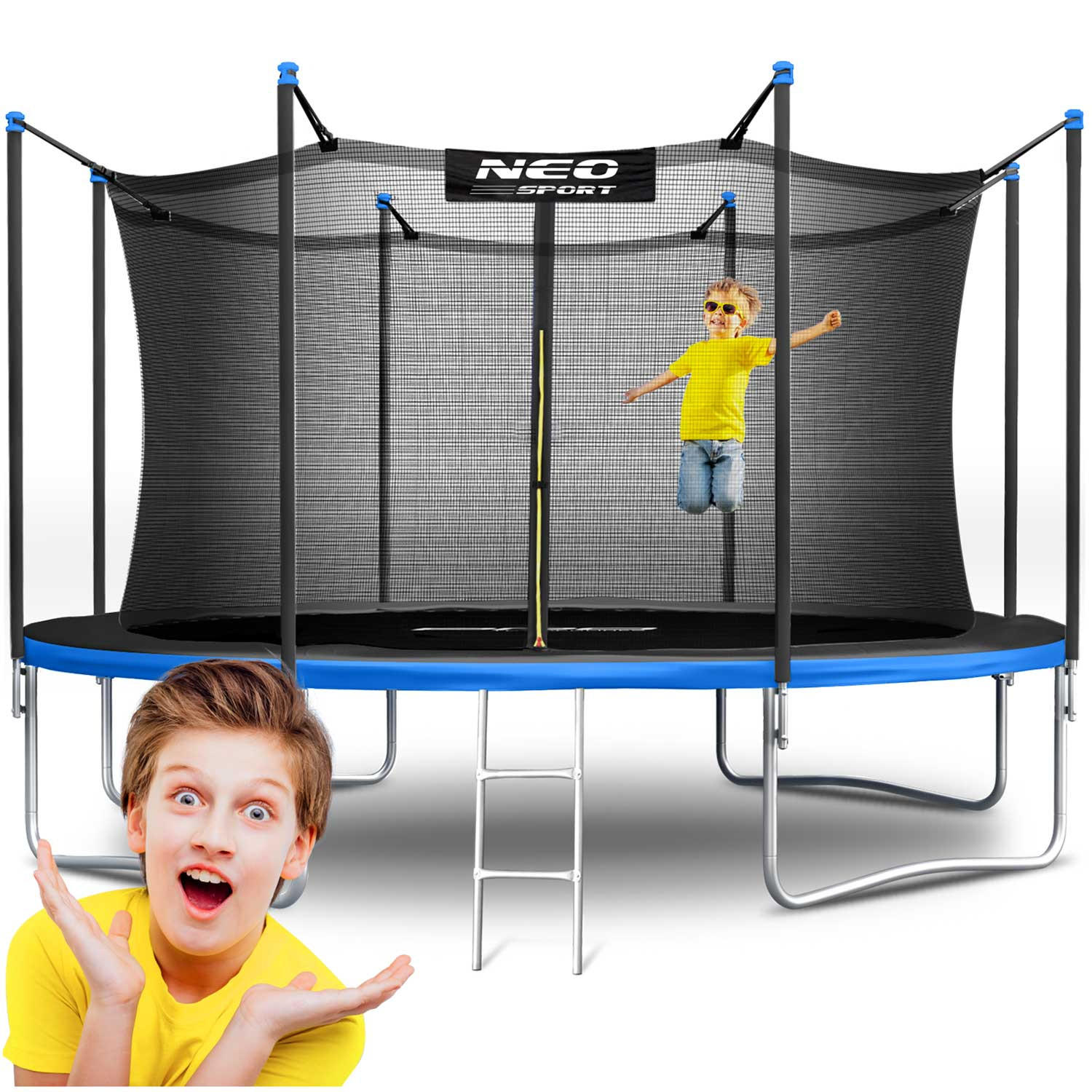 GARTENTRAMPOLIN 13 ft/404 cm mit Innennetz und Leiter - Blau, Metall (404/404cm)