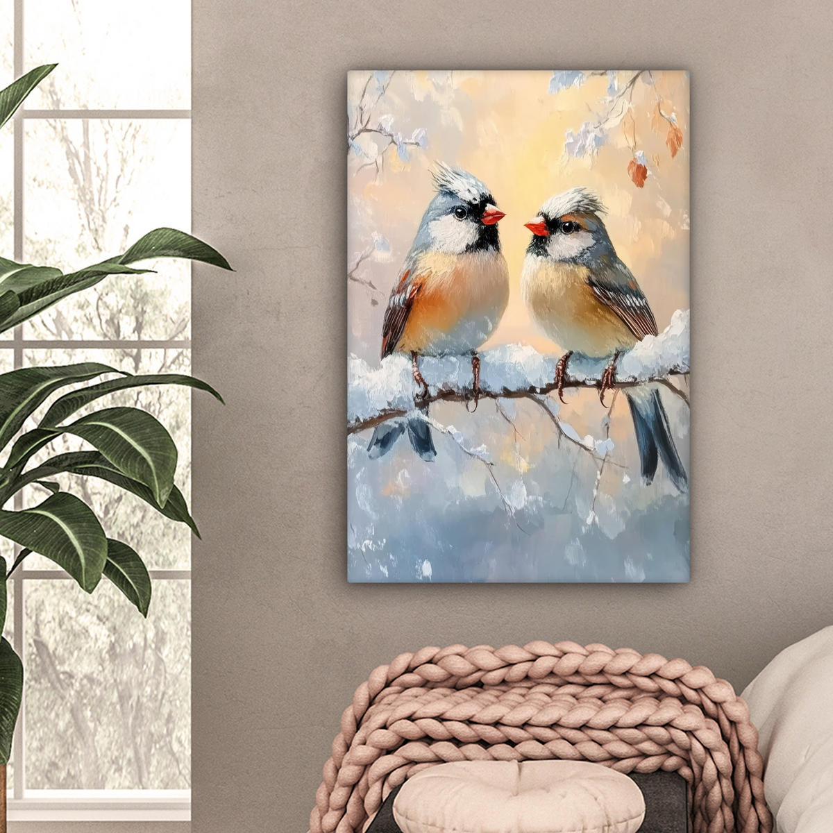 LEINWANDBILD Vögel - Zweig - Winter - Schnee 60x90 cm - Pastellblau, Textil (60/90cm) - MuchoWow