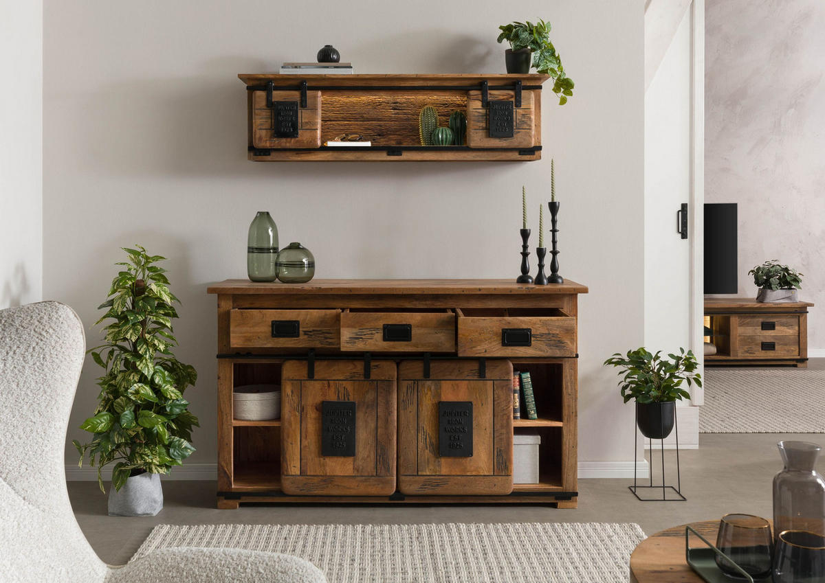 SIDEBOARD Mango / Altholz 150x45x90 natur lackiert RAILWAY LUX #100 - Braun, Holz (150/90/45cm) - Massivmoebel24