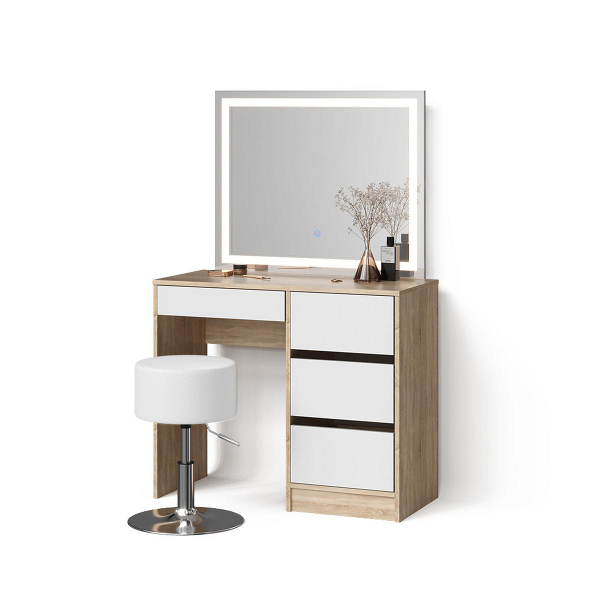 SCHMINKTISCH Imola Sonoma mit LED-Spiegel und Hocker - Weiß/Sonoma Eiche, Holzwerkstoff (90/75/40cm) - Livinity®