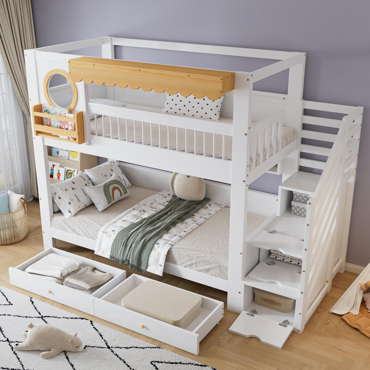 ETAGENBETT 90/200 cm in Weiß & Natur mit 2 Schubladen, Regal und Treppenschrank aus Kiefer & MDF - Weiß/Naturfarben, Holzwerkstoff (90/200cm) - STILVORA