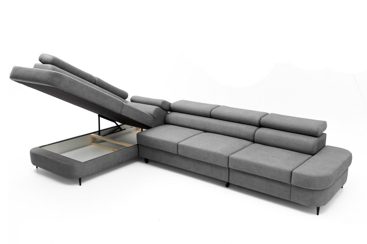 ECKSOFA PRIAM MAXI L-Form mit Schlaffunktion & Bettkasten, 6-Sitzer, 350cm, Verstellbare Kopfstützen, Ottomane Links - Grau, Holz/Textil (350/203cm) - Muffo