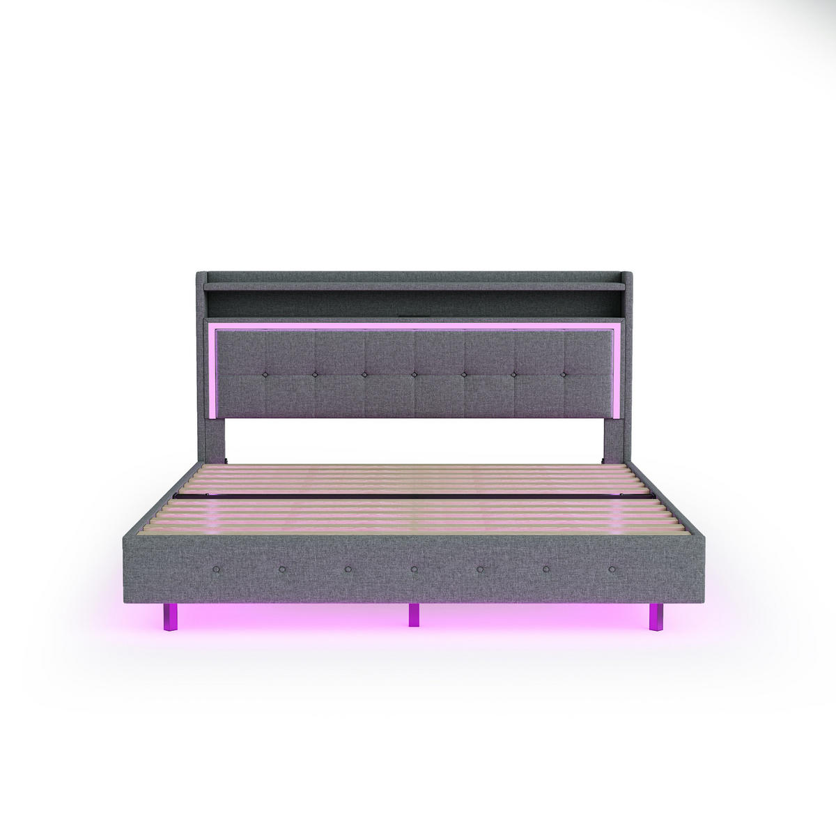 POLSTERBETT 140/200 cm mit LED-Beleuchtung und USB, gepolstertem Kopfteil - Grau, Textil (140/200cm) - BEAOK