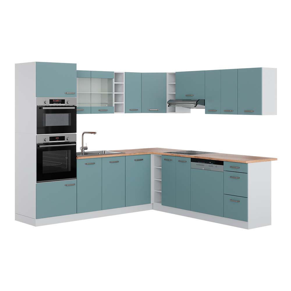 ECKKÜCHE IN L-FORM R-Line Blau-Grau/Weiß 237 x 247 cm, AP Eiche - Blaugrau/Weiß, Holzwerkstoff (247/81.6/60cm) - Vicco